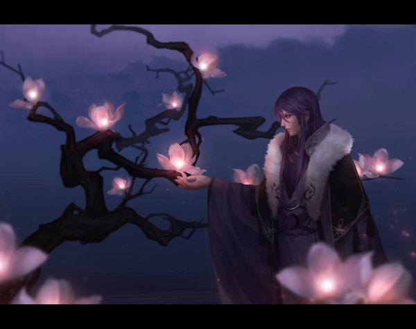 Anime picture 1800x1427 with vocaloid kamui gakupo auau single long hair highres smile looking away purple hair long sleeves traditional clothes japanese clothes profile arm up night wide sleeves night sky outstretched arm glow boy