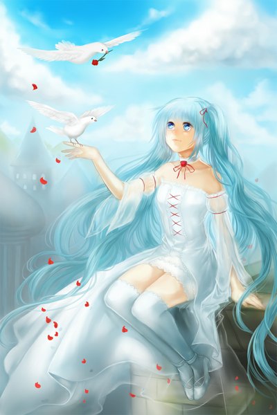 Anime picture 666x1000 with original f-wd single long hair tall image blush blue eyes sitting twintails bare shoulders holding blue hair sky cloud (clouds) very long hair mouth hold girl thighhighs dress flower (flowers)