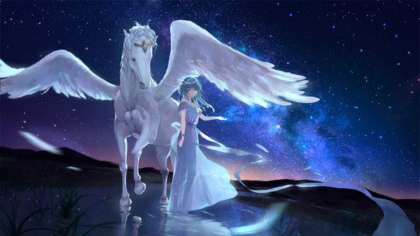 Anime picture 1280x720 with original sombernight single long hair looking at viewer wide image standing bare shoulders blue hair full body outdoors night night sky outstretched arm reflection outstretched hand fantasy ripples milky way girl