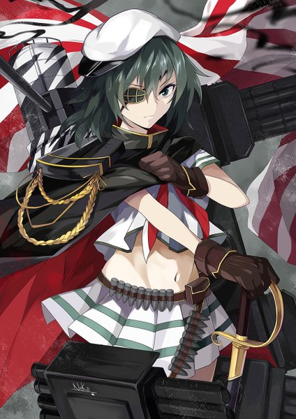 Anime picture 900x1273 with kantai collection kiso light cruiser neko (yanshoujie) single tall image looking at viewer short hair blue eyes signed green hair girl gloves navel weapon sword gun cape eyepatch cap sailor suit