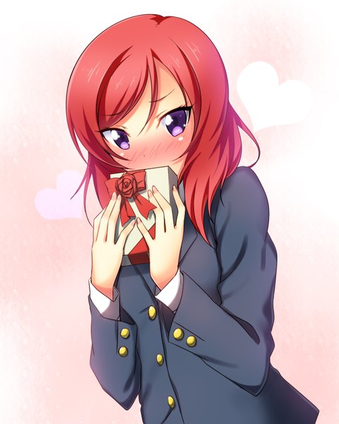 Anime picture 1240x1550 with love live! school idol project sunrise (studio) love live! nishikino maki yu-ta single tall image looking at viewer blush short hair purple eyes red hair valentine girl uniform school uniform gift