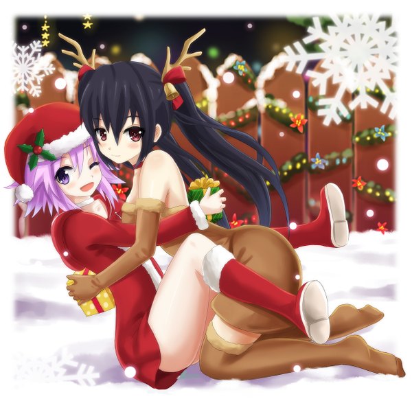 Anime picture 1240x1240 with choujigen game neptune noire nepgear rvin long hair looking at viewer blush short hair open mouth light erotic black hair smile red eyes purple eyes twintails multiple girls purple hair one eye closed horn (horns) wink