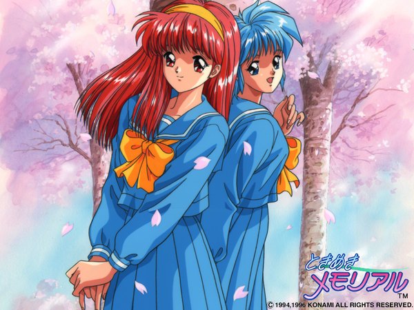 Anime picture 1024x768 with tokimeki memorial tokimeki memorial girls' side fujisaki shiori nijino saki multiple girls cherry blossoms oldschool girl uniform 2 girls serafuku