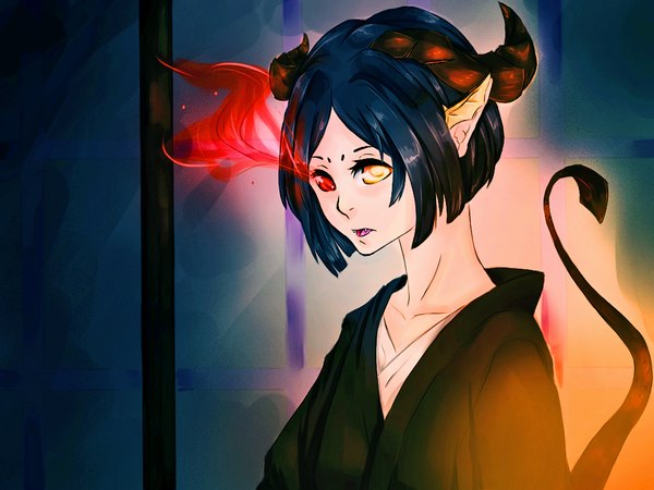 Anime picture 1024x768 with original single short hair open mouth black hair tail traditional clothes japanese clothes horn (horns) pointy ears heterochromia glowing glowing eye (eyes) demon tail girl kimono