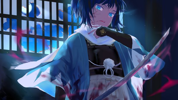Anime picture 1920x1080 with touken ranbu nitroplus yamato no kami yasusada qidai single looking at viewer highres short hair blue eyes wide image blue hair upper body ponytail from below blood on face bloody clothes blood stains bloody weapon shinsengumi boy