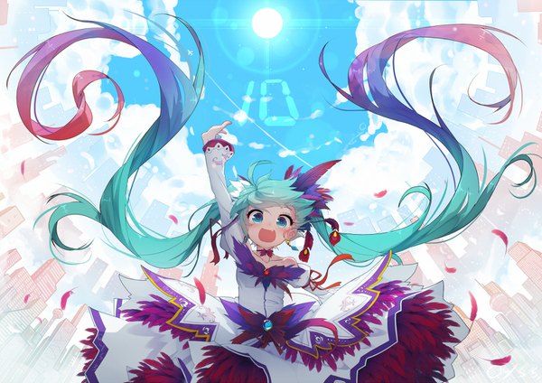 Anime picture 1500x1060 with vocaloid hatsune miku qys3 single looking at viewer blush fringe open mouth blue eyes smile bare shoulders blue hair pink hair sky cloud (clouds) ahoge long sleeves very long hair :d multicolored hair