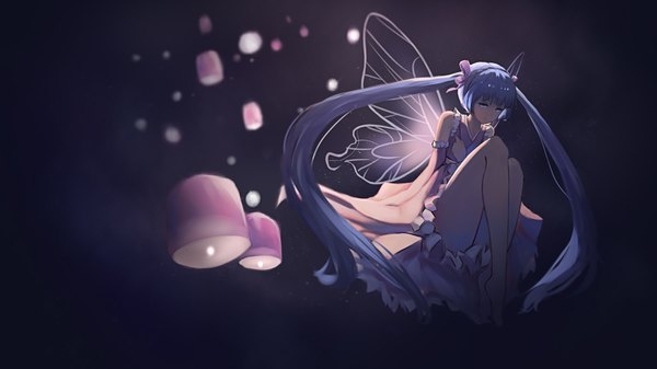 Anime picture 1920x1080 with vocaloid hatsune miku barli single fringe highres blue eyes wide image twintails bare shoulders blue hair full body very long hair barefoot night bare legs wallpaper glowing fantasy insect wings