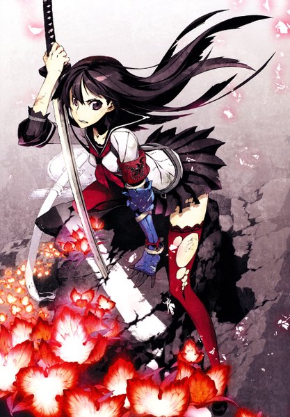 Anime picture 904x1300 with 7th dragon 2020 samurai (7th dragon 2020) miwa shirow single long hair tall image fringe black hair looking away from above wind black eyes girl thighhighs uniform weapon sword serafuku katana armband