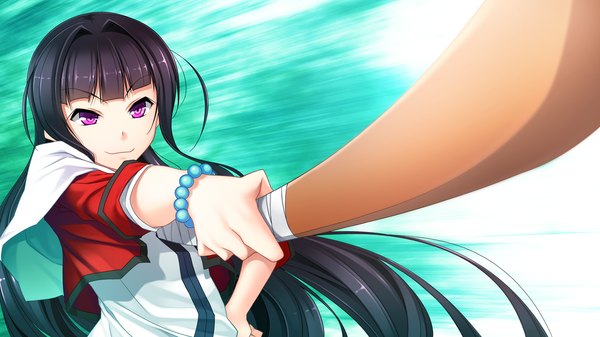 Anime picture 1280x720 with ryuusei no arcadia long hair black hair wide image purple eyes game cg girl uniform school uniform bracelet