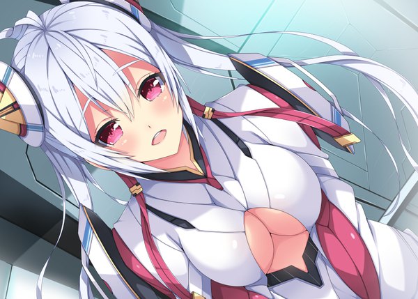 Anime picture 1000x715 with phantasy star phantasy star online 2 sega matoi (pso2) milkpanda single long hair looking at viewer blush breasts open mouth light erotic red eyes silver hair girl hair ornament