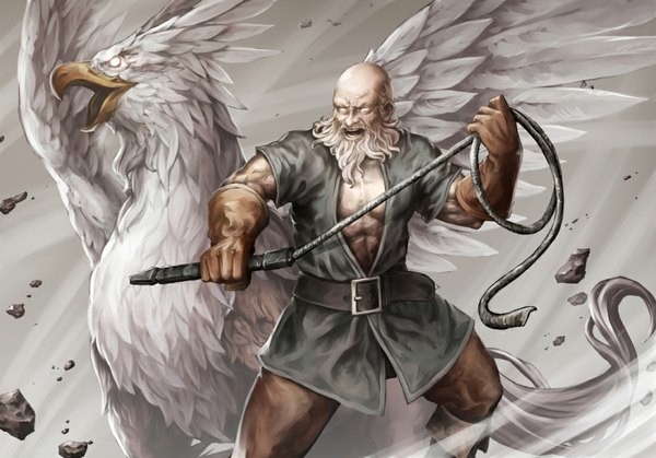 Anime picture 1100x769 with original nabe (artist) open mouth fantasy bald blank eyes boy gloves belt monster beard gryphon