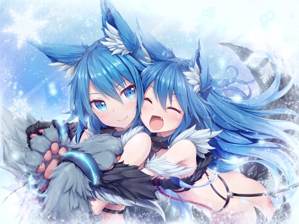 Anime picture 1600x1200 with shinkai no valkyrie fenrir (shinkai no valkyrie) squall (shinkai no valkyrie) akkijin long hair looking at viewer blush fringe open mouth blue eyes light erotic smile hair between eyes multiple girls animal ears blue hair tail eyes closed animal tail hug