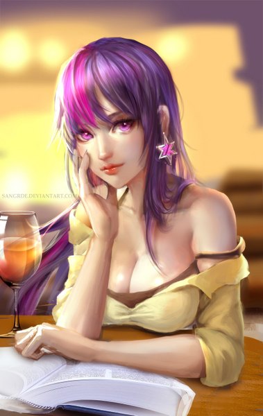 Anime picture 900x1423 with my little pony twilight sparkle sangrde single long hair tall image looking at viewer fringe breasts smile large breasts bare shoulders pink hair cleavage purple hair pink eyes fingernails lips long fingernails hand on face
