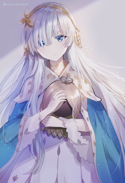 Anime picture 1062x1552 with fate (series) fate/grand order anastasia (fate) viy (fate) myusha single long hair tall image fringe blue eyes simple background standing holding signed looking away silver hair hair over one eye shadow twitter username girl