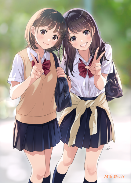 Anime picture 1036x1450 with original morikura en long hair tall image looking at viewer blush fringe short hair open mouth black hair smile brown hair standing multiple girls holding brown eyes signed outdoors head tilt pleated skirt
