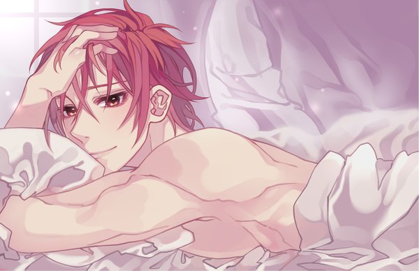 Anime picture 1377x891 with free! kyoto animation matsuoka rin curryuku single looking at viewer short hair smile red eyes red hair lying hand on head boy bed