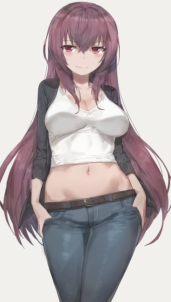 Anime picture 2320x4094 with fate (series) fate/grand order scathach (fate) (all) scathach (fate) free style (yohan1754) single long hair tall image looking at viewer blush fringe highres breasts simple background smile hair between eyes red eyes standing payot purple hair