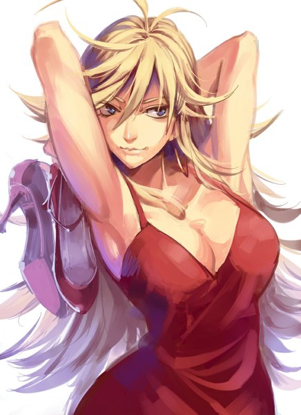Anime picture 750x1031 with panty & stocking with garterbelt anarchy panty ruukii drift single long hair tall image blue eyes simple background blonde hair white background looking away cleavage ahoge armpit (armpits) high heels arms behind head shoes removed girl dress shoes