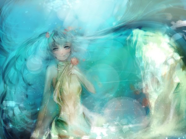 Anime picture 1600x1200 with vocaloid hatsune miku zigemu single smile twintails bare shoulders very long hair aqua eyes aqua hair underwater girl dress petals water rose (roses)