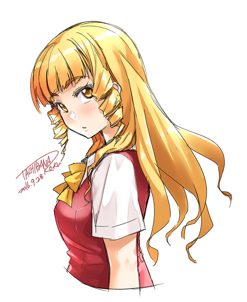 Anime picture 800x978 with kono yo no hate de koi wo utau shoujo yu-no shimazu mio tachibana roku single long hair tall image looking at viewer blush fringe blonde hair simple background white background signed yellow eyes upper body drill hair dated sketch girl uniform