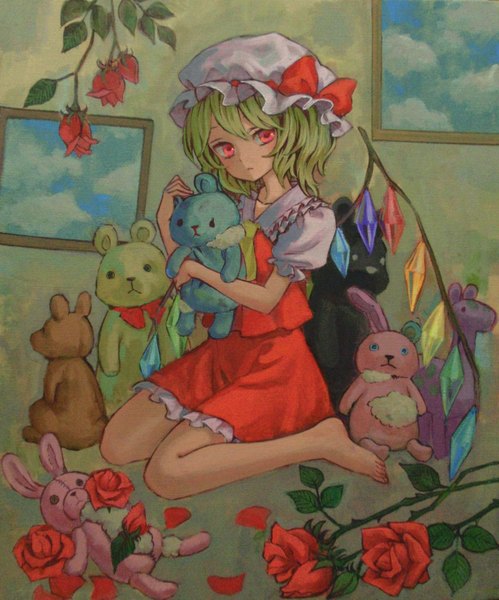 Anime picture 1217x1463 with touhou flandre scarlet ama-tou single tall image short hair blonde hair red eyes sitting looking away barefoot traditional media acrylic paint (medium) girl skirt flower (flowers) petals wings rose (roses) toy