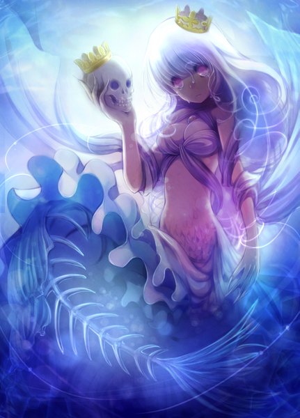 Anime picture 1437x2000 with original gondolf single long hair tall image breasts white hair tail pink eyes underwater fish tail girl crown skull teardrop mermaid