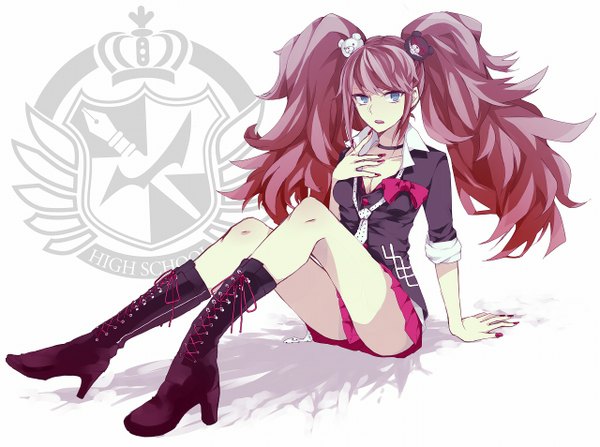 Anime picture 1280x954 with dangan ronpa enoshima junko ria (akl14) single long hair looking at viewer blush open mouth white background sitting twintails cleavage full body nail polish hand on chest spoilers girl skirt uniform hair ornament