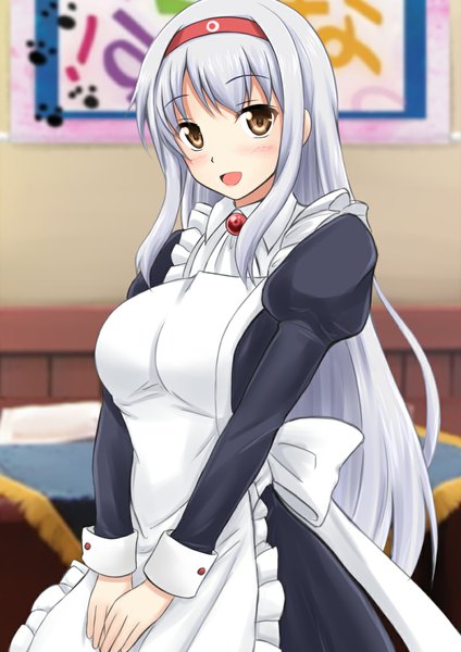 Anime picture 800x1132 with kantai collection shoukaku aircraft carrier fuuma nagi single long hair tall image looking at viewer blush open mouth brown eyes white hair maid girl dress hairband