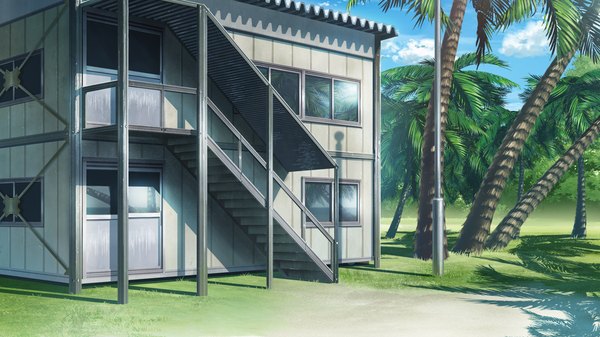 Anime picture 1280x720 with grisaia no kajitsu wide image game cg plant (plants) tree (trees) window palm tree house