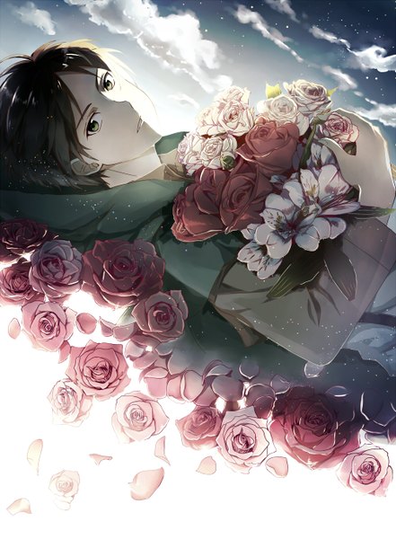 Anime picture 1000x1360 with shingeki no kyojin production i.g eren yaeger akami fumio tall image looking at viewer short hair brown hair green eyes sky cloud (clouds) lying on back flower (flowers) petals rose (roses) leaf (leaves) star (stars) cape