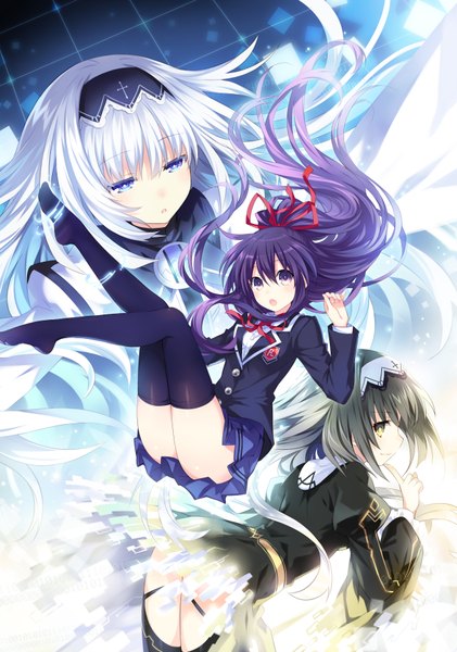 Anime picture 1280x1824 with date a live yatogami tooka arusu maria tsunako long hair tall image looking at viewer open mouth blue eyes light erotic black hair purple eyes green eyes silver hair purple hair ponytail profile official art no shoes finger to mouth