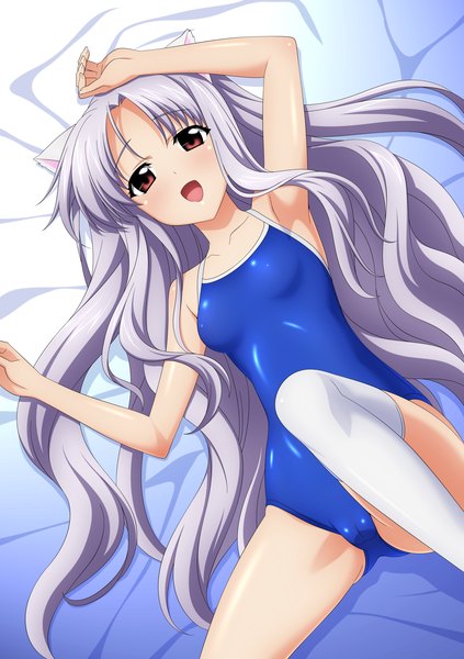 Anime picture 4923x6982 with chrono crusade gonzo azmaria hendric wave ride single long hair tall image highres open mouth light erotic red eyes bare shoulders animal ears absurdres silver hair cat ears cameltoe girl thighhighs swimsuit