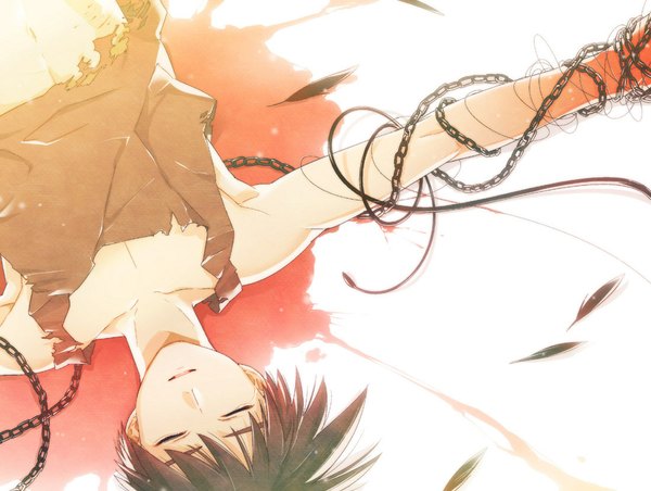 Anime picture 1100x830 with tetsukuzu tetsuko single short hair brown hair lying eyes closed sleeveless torn clothes spread arms boy blood chain feather (feathers)