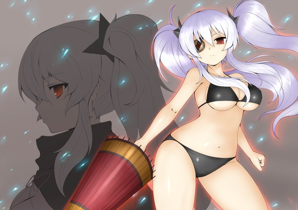 Anime picture 1517x1074 with senran kagura yagyuu (senran kagura) nichisogawa asaryo long hair breasts light erotic red eyes twintails white hair zoom layer closed umbrella girl hair ornament swimsuit bikini umbrella black bikini