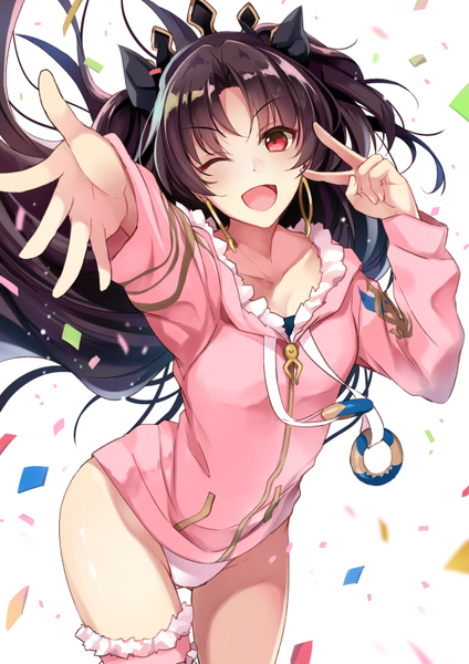 Anime picture 566x800 with fate (series) fate/grand order ishtar (fate) ishtar (swimsuit rider) (fate) hirai yuzuki single long hair tall image looking at viewer blush open mouth light erotic red eyes brown hair standing :d one eye closed wink two side up floating hair