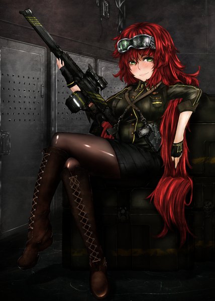Anime picture 1120x1568 with original daren (darenenzinia) single long hair tall image looking at viewer blush fringe breasts smile large breasts sitting holding green eyes ahoge bent knee (knees) red hair indoors crossed legs lacing