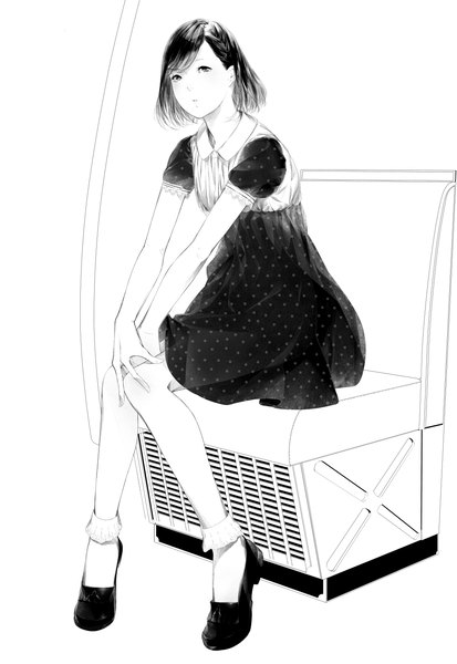 Anime picture 1033x1500 with original sousou (sousouworks) single tall image looking at viewer fringe short hair black hair simple background white background sitting full body black eyes monochrome polka dot revision knees touching casual girl dress
