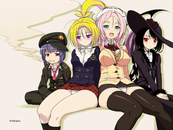 Anime picture 1280x960 with dra+koi nitroplus heroine (dra+koi) tsuji santa long hair blush short hair light erotic black hair blonde hair smile red eyes sitting purple eyes multiple girls blue hair pink hair ahoge ponytail aqua eyes