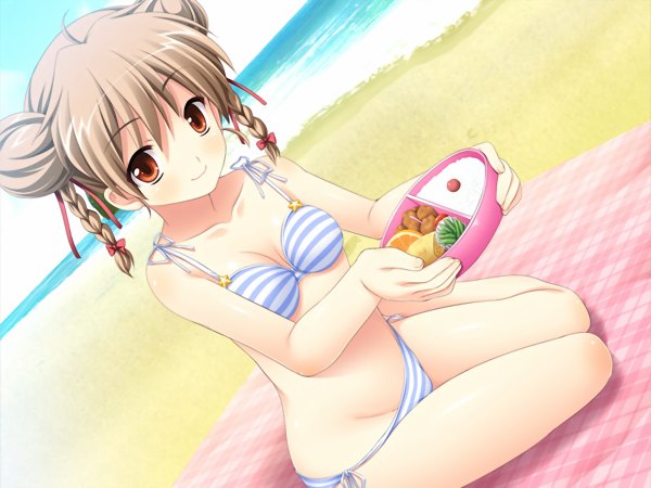 Anime picture 1200x900 with fringe blonde hair red eyes game cg braid (braids) hair bun (hair buns) dutch angle beach twin braids swimsuit bikini food star (symbol) striped bikini obento