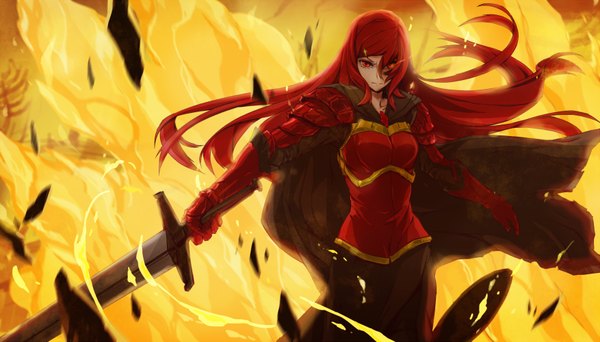 Anime picture 1753x1000 with original pixiv fantasia pixiv fantasia fallen kings shanpao long hair looking at viewer fringe highres red eyes wide image standing red hair wind spread arms angry girl gloves weapon sword armor