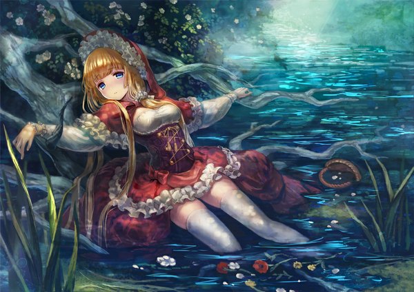 Anime picture 1000x708 with original terai (teraimorimori) single long hair blue eyes blonde hair river girl thighhighs dress flower (flowers) plant (plants) petals white thighhighs tree (trees)