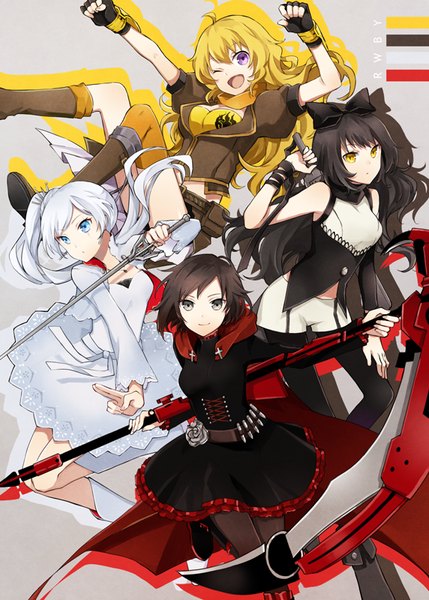 Anime picture 572x800 with rwby rooster teeth ruby rose weiss schnee blake belladonna yang xiao long buzz long hair tall image looking at viewer fringe short hair breasts open mouth black hair simple background smile brown hair standing bare shoulders