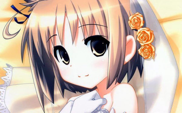 Anime picture 1920x1200 with yotsunoha nekomiya nono single looking at viewer fringe highres short hair smile brown hair wide image bare shoulders payot head tilt hair flower black eyes happy close-up face hands clasped girl