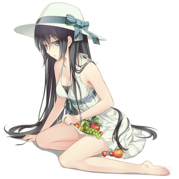 Anime picture 1000x1000 with original supertie single long hair blue eyes black hair simple background white background sitting bare shoulders barefoot no shoes girl bow hat food sundress fruit berry (berries) apple