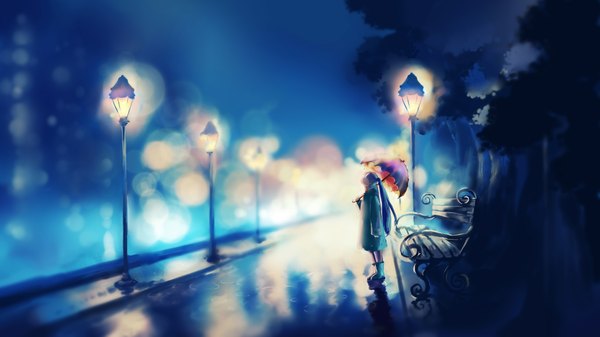 Anime picture 4278x2406 with original chibionpu single long hair highres wide image standing twintails blue hair absurdres outdoors night night sky city cityscape city lights street girl plant (plants) tree (trees)
