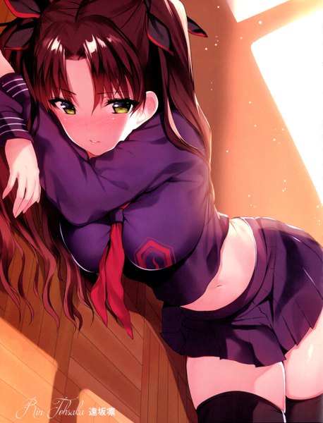 Anime picture 4250x5573 with fate (series) fate/extra toosaka rin matarou (genkai toppa) single long hair tall image looking at viewer blush fringe highres breasts light erotic brown hair large breasts twintails yellow eyes absurdres indoors lying