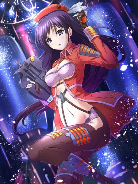 Anime picture 800x1067 with original chaki-yam single long hair tall image looking at viewer breasts blue eyes light erotic purple hair girl gloves navel weapon fingerless gloves gun beret