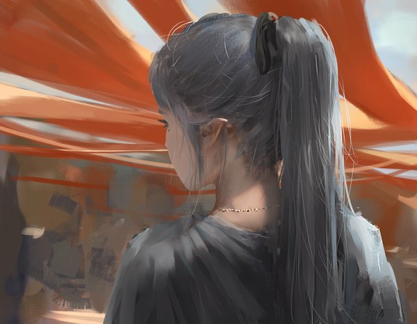 Anime picture 1024x796 with ghost blade yan (ghost blade) wlop single long hair outdoors ponytail pointy ears grey hair from behind mole mole under eye back girl ribbon (ribbons) hair ribbon