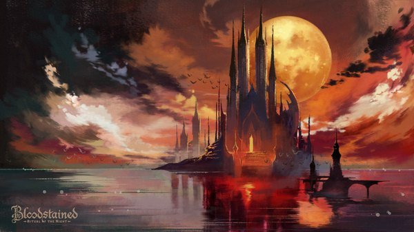 Anime picture 1920x1080 with bloodstained: ritual of the night natsume yuji highres wide image sky cloud (clouds) copyright name reflection no people lake animal sea bird (birds) moon full moon castle