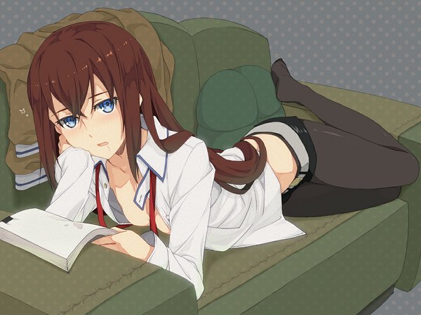 Anime picture 1000x748 with steins;gate white fox makise kurisu saipaco single long hair looking at viewer open mouth blue eyes light erotic brown hair lying open clothes open shirt girl pantyhose shorts couch